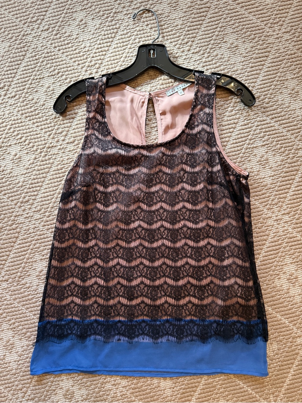 Red Haute Blush with Black Lace Overlay Tank with Blue Hem